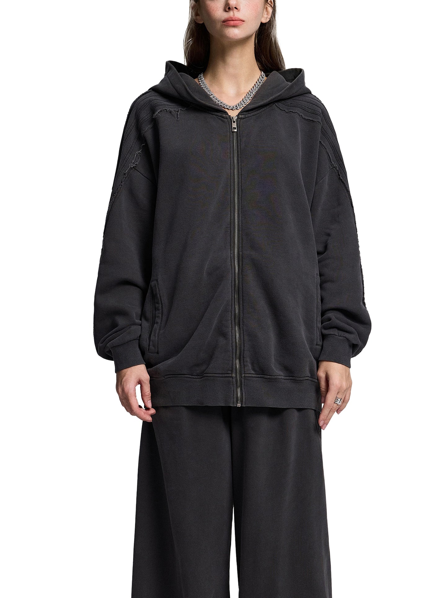 VERITYX Snow Washed Tape Raw Edge 420 GSM Cotton Zip Hoodie