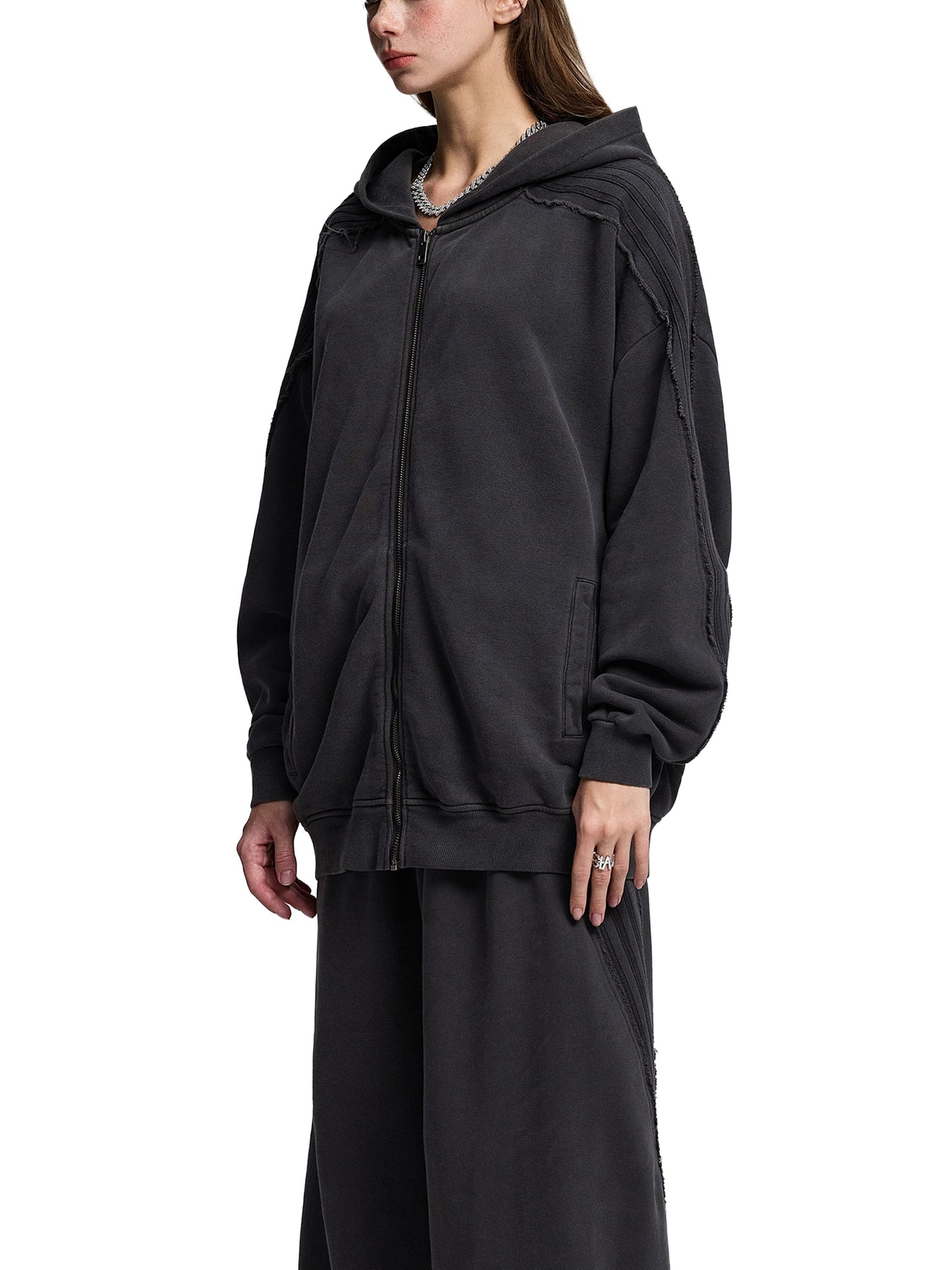 VERITYX Snow Washed Tape Raw Edge 420 GSM Cotton Zip Hoodie