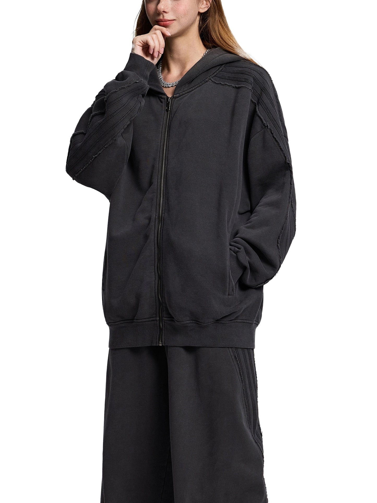 VERITYX Snow Washed Tape Raw Edge 420 GSM Cotton Zip Hoodie