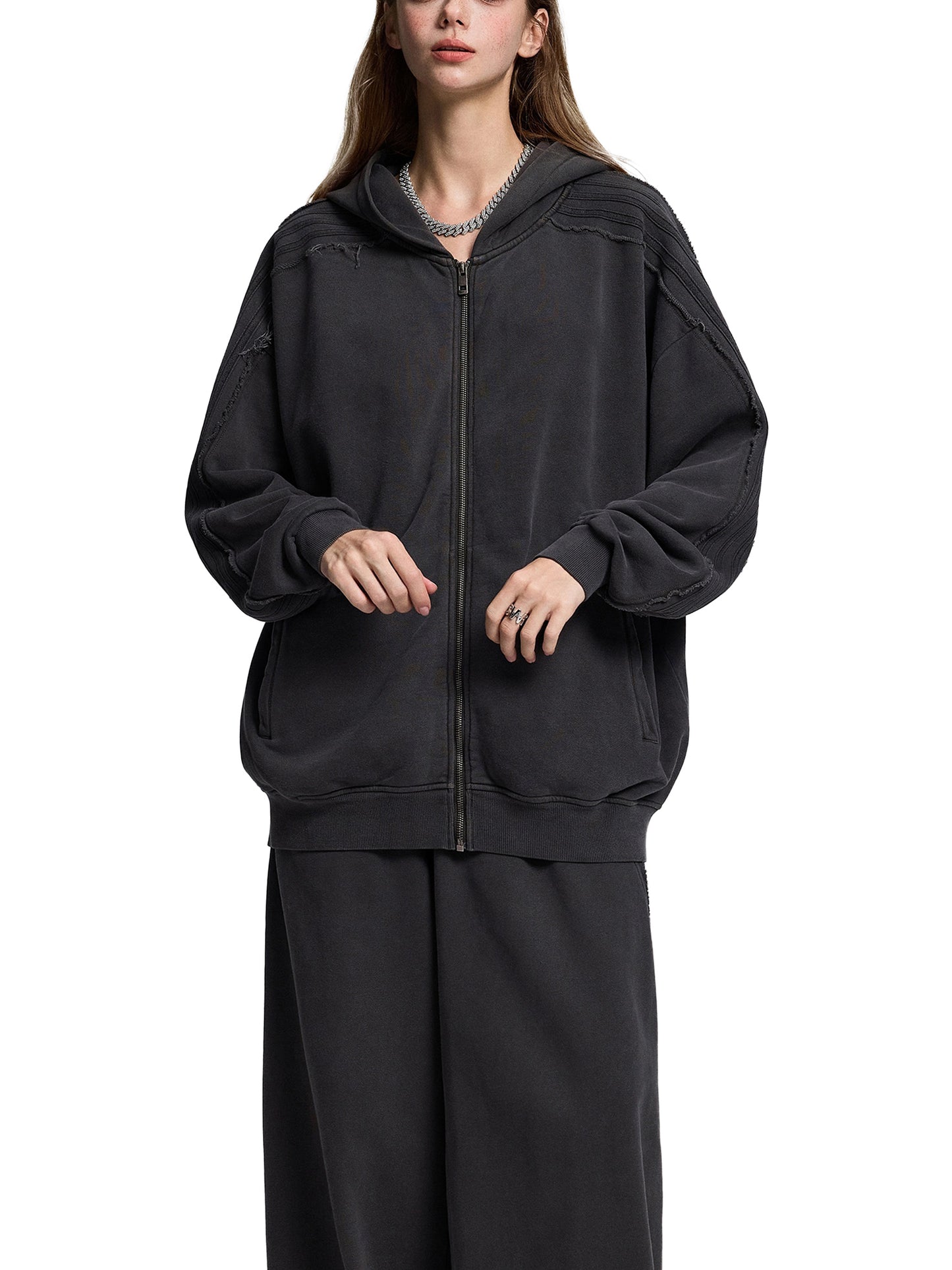 VERITYX Snow Washed Tape Raw Edge 420 GSM Cotton Zip Hoodie